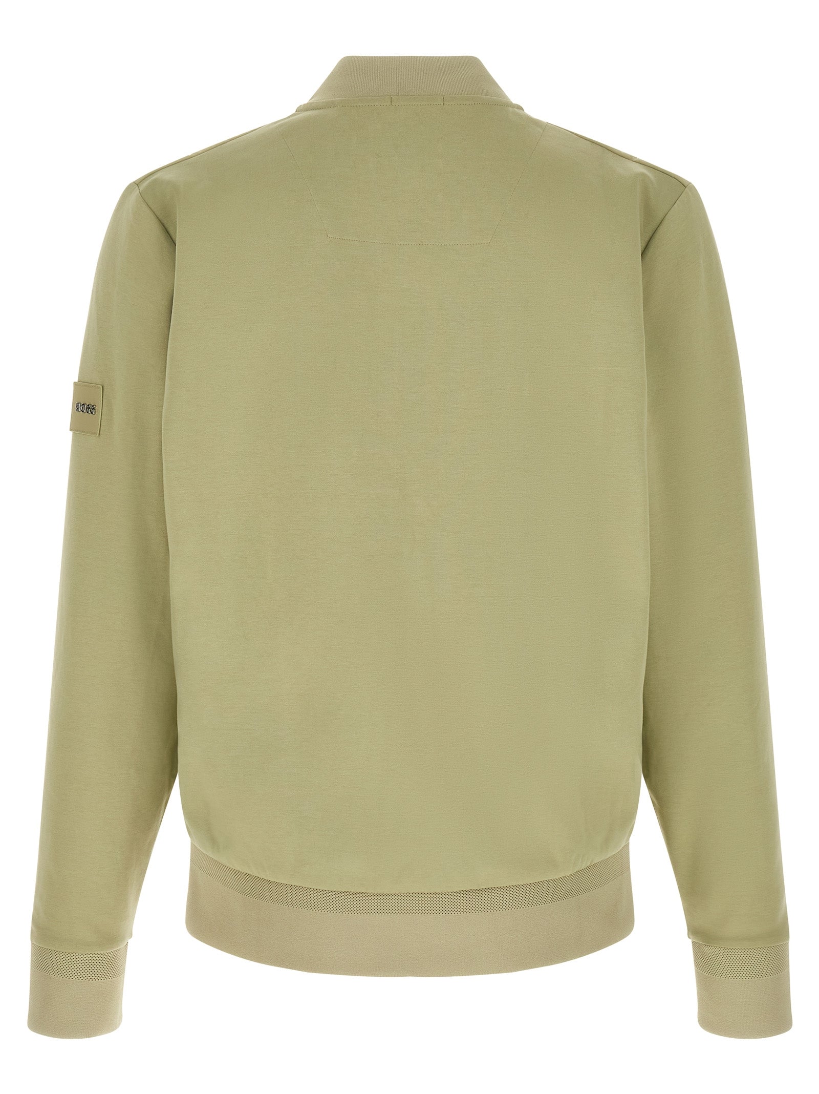 Sweatshirt bicolore en coton de la marque Hugo Boss, coupe décontractée et détails modernes, porté sur un mannequin.