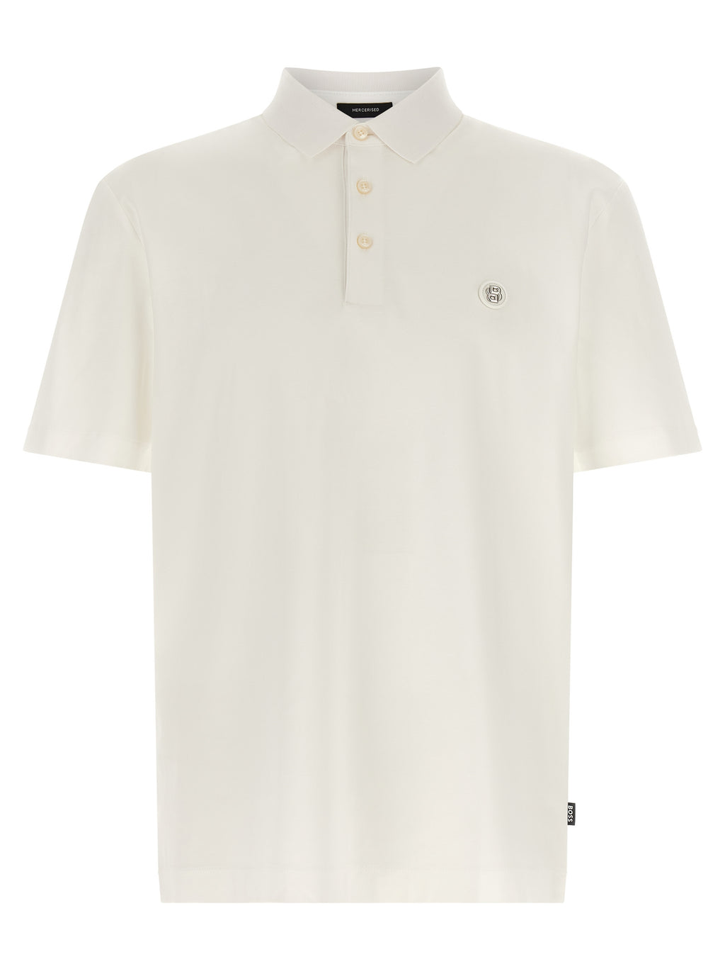 Chemise polo blanche en coton de la marque Hugo Boss, vue de face, détails du col et des boutons visibles.