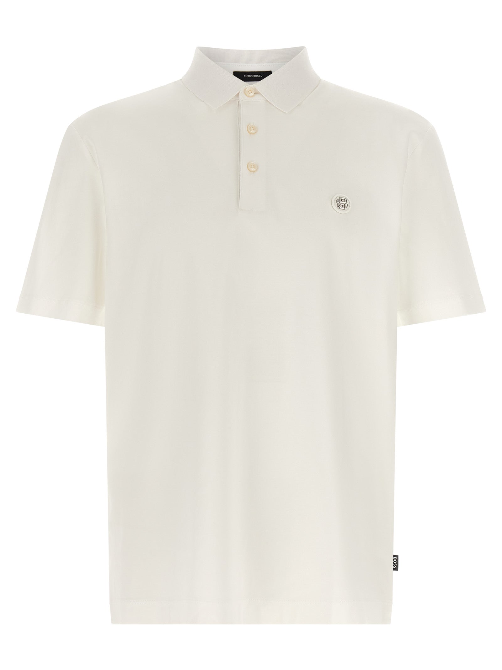 Chemise polo blanche en coton de la marque Hugo Boss, vue de face, détails du col et des boutons visibles.