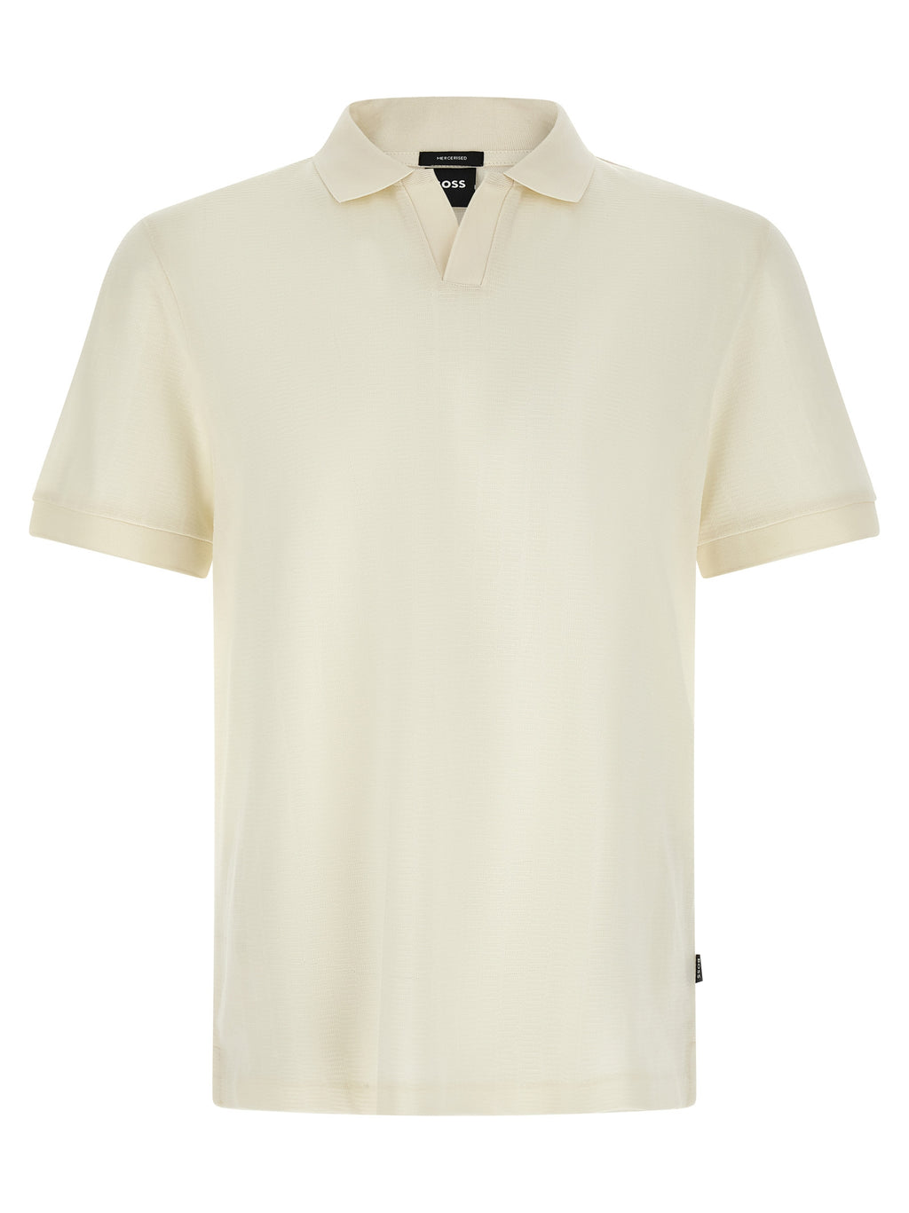 Chemise polo blanche en coton de la marque Hugo Boss, vue de face, avec col et boutons visibles.