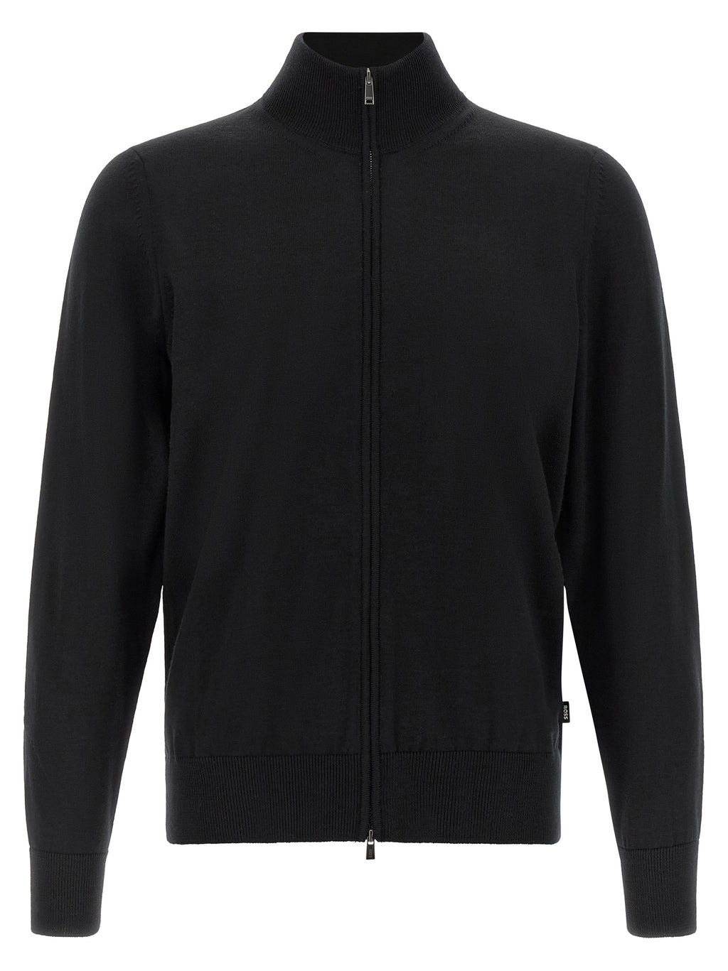 Cardigan en laine vierge noire de la marque Hugo Boss, à col en V et boutons, porté sur un mannequin.