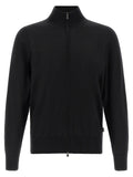 Cardigan en laine vierge noire de la marque Hugo Boss, à col en V et boutons, porté sur un mannequin.