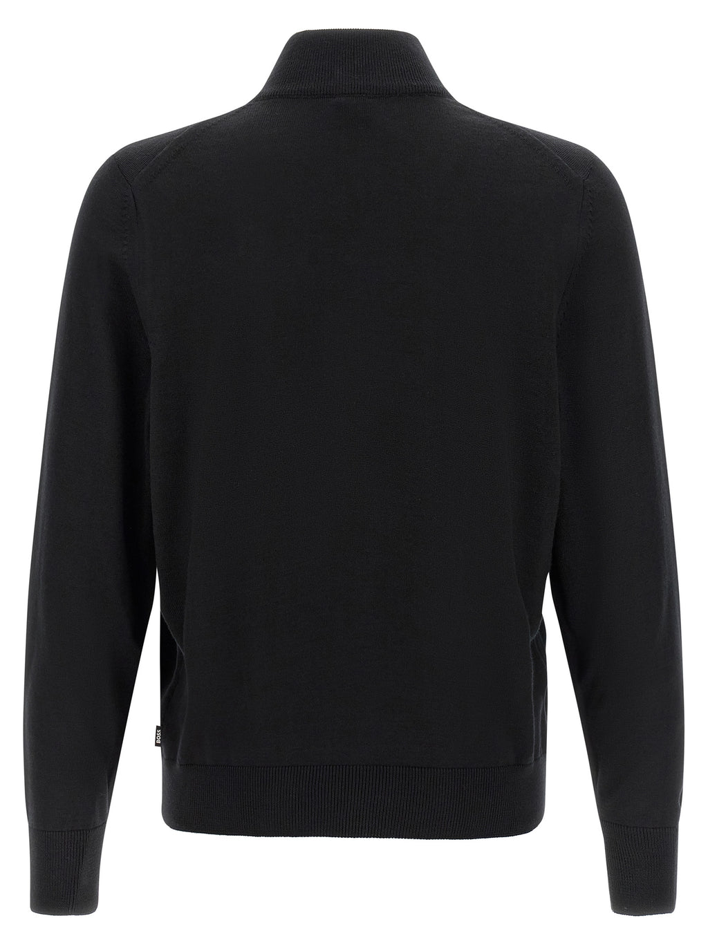 Cardigan en laine vierge noire de Hugo Boss, coupe classique avec boutons, porté sur un mannequin.