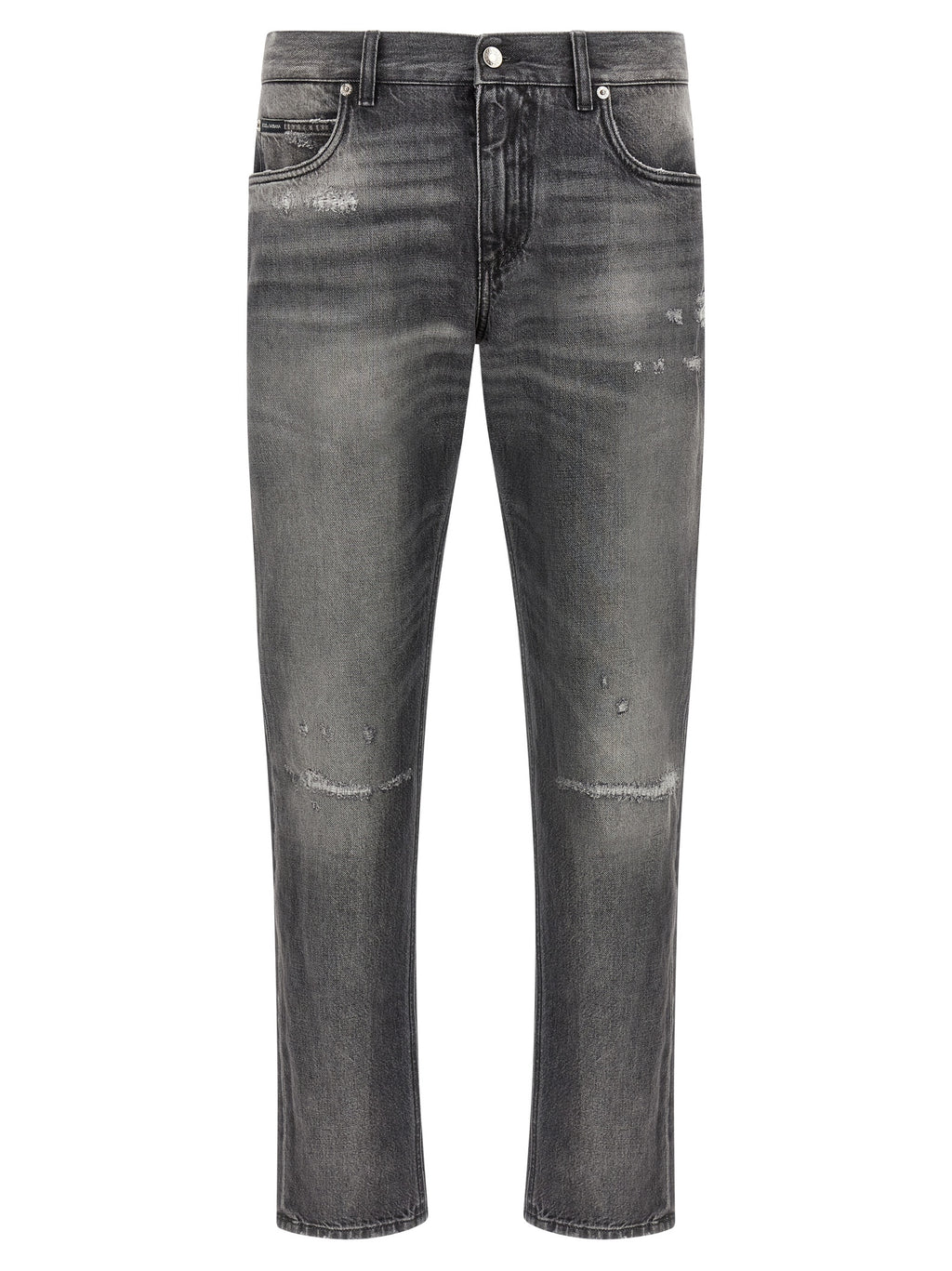 Jeans en denim gris Dolce & Gabbana en coton, coupe classique avec poches et coutures apparentes, porté sur un mannequin.