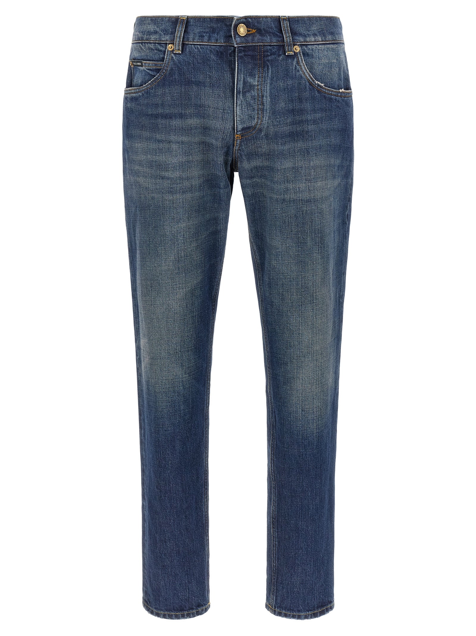 Jeans droits en coton bleu Dolce & Gabbana, style classique, visible avec poches et couture soignée.