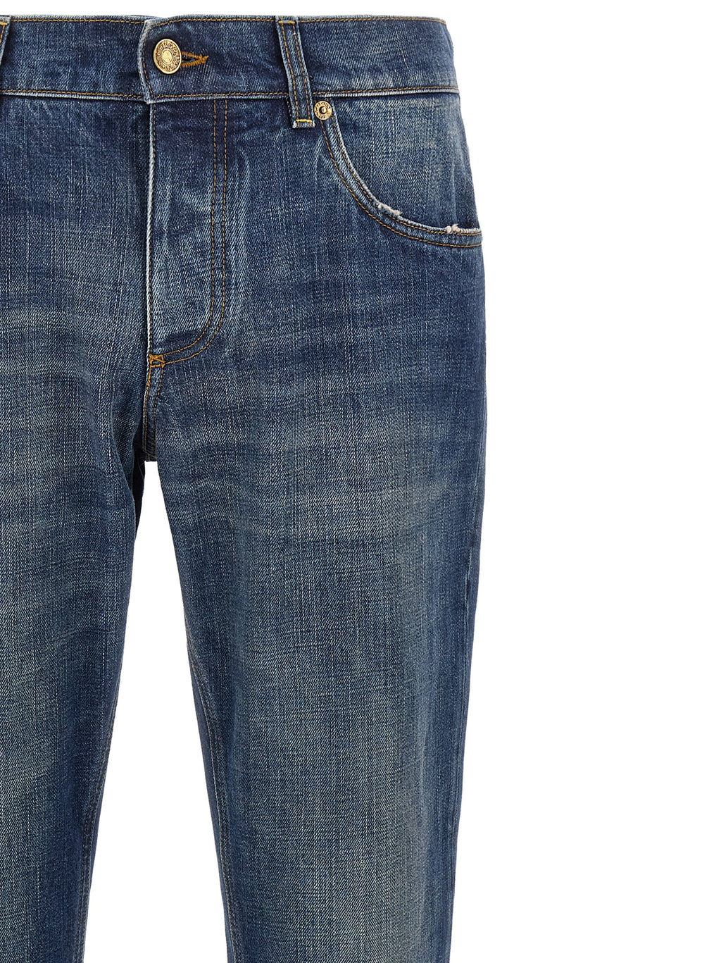 Jeans droits en coton bleu Dolce & Gabbana, mode élégante, détails visibles, coupe classique, tissu confortable.