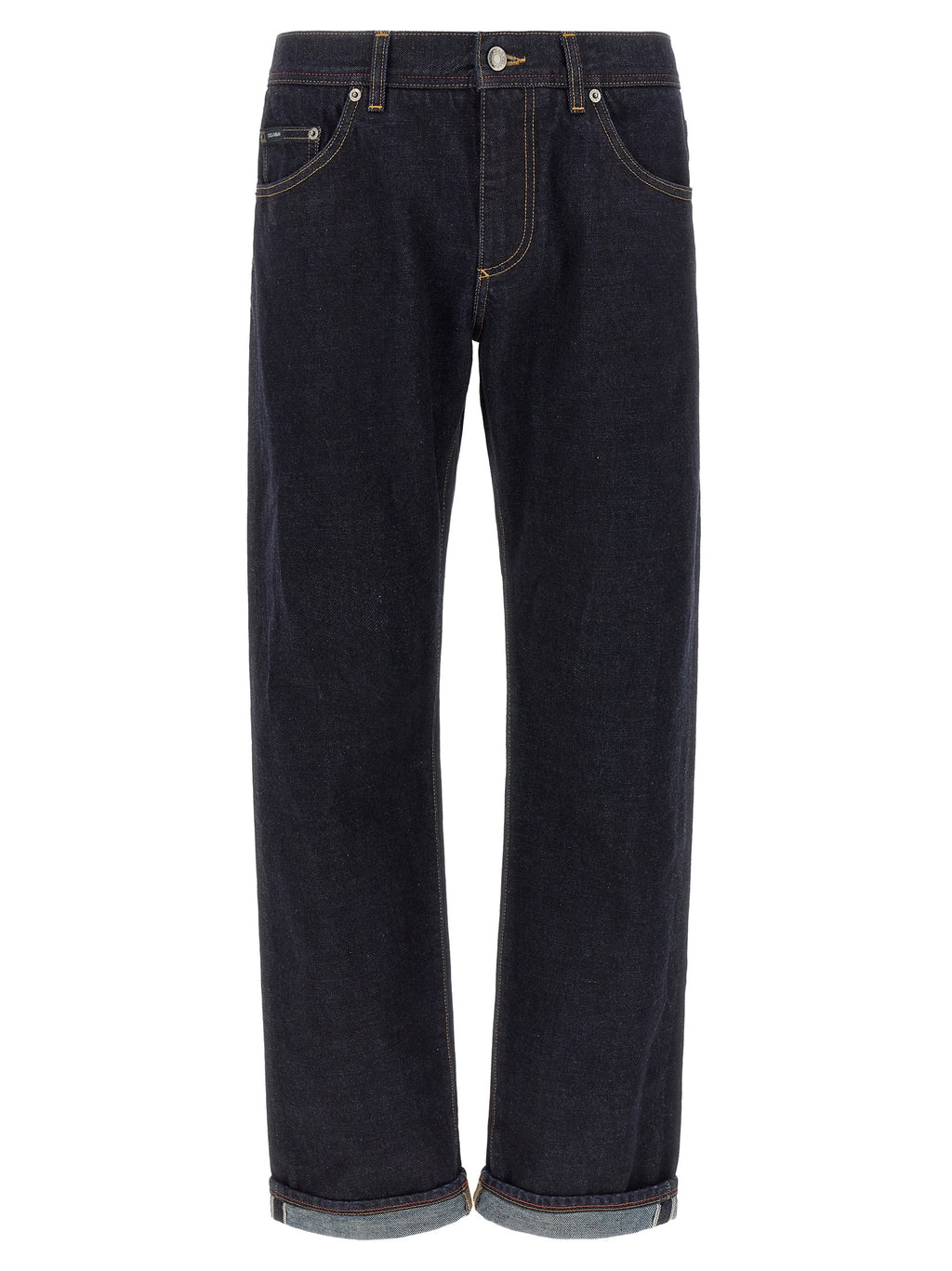 Jeans en denim en coton bleu Dolce & Gabbana, coupe classique, visibles détails de couture et texture du tissu.