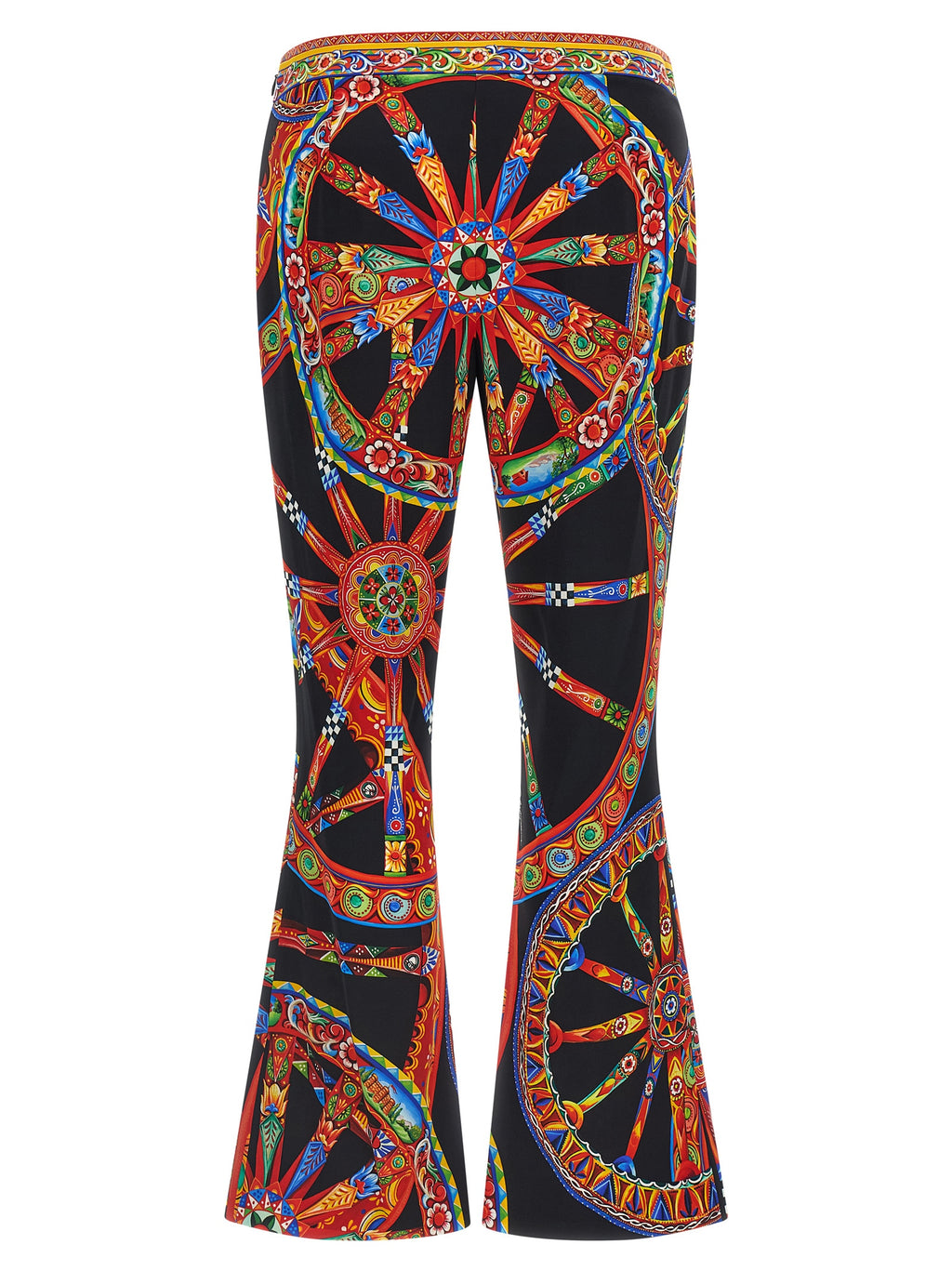 Pantalons évasés en soie multicolore de Dolce & Gabbana, style élégant et fluide, visibles avec leur motif coloré.