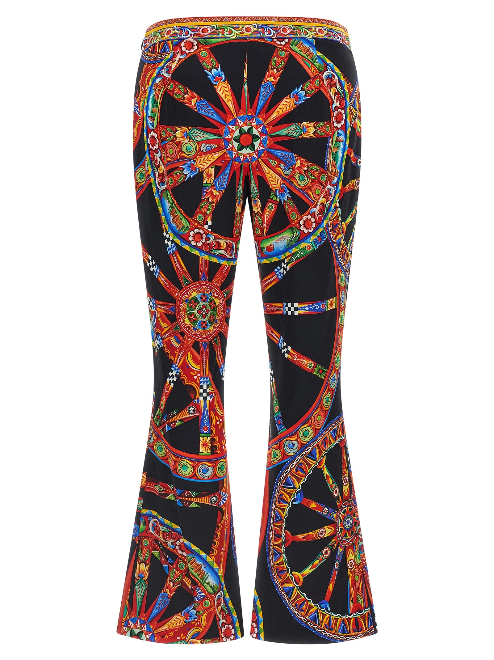 Pantalons évasés en soie multicolore de Dolce & Gabbana, style élégant et fluide, visibles avec leur motif coloré.