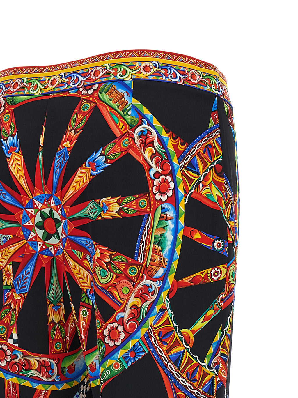 Pantalons évasés en soie multicolore de Dolce & Gabbana, coupe fluide et élégante, avec motif coloré et finition raffinée.