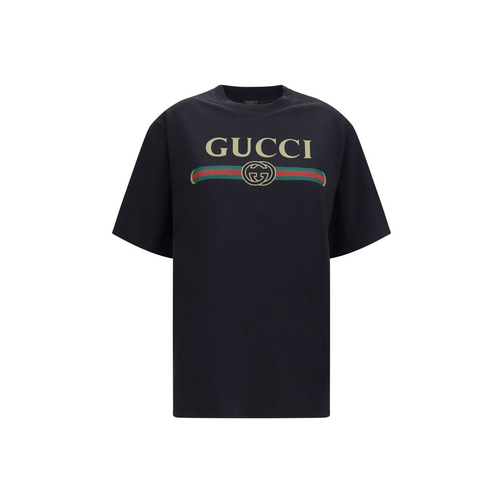 T-shirt en coton noir Gucci pour homme, coupe classique, logo Gucci visible sur la poitrine.