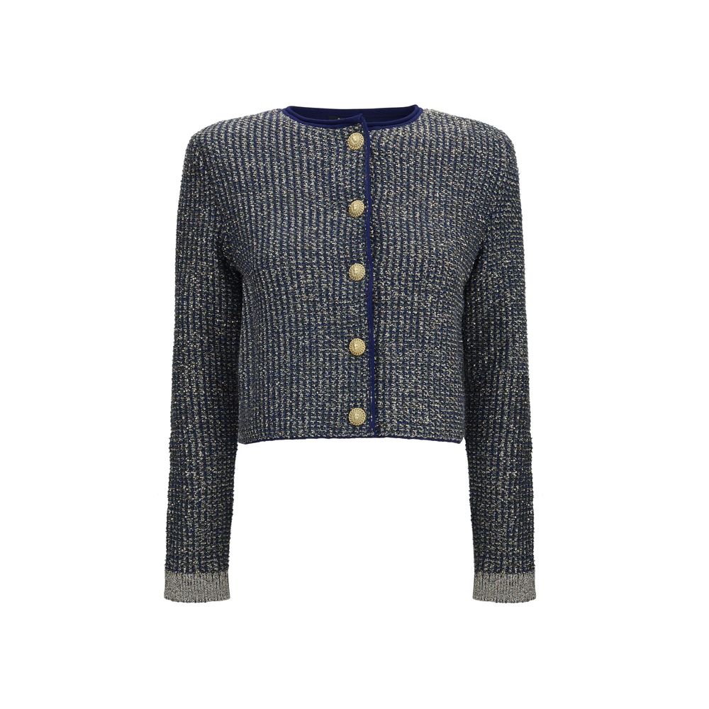 Cardigan en polyamide bleu de la marque Balmain, détails du tissu et coupe élégante visibles sur l'image.