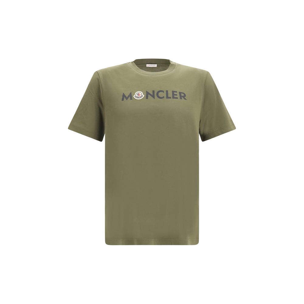 T-shirt en coton bicolore Moncler, coupe classique avec logo visible, porté sur mannequin.