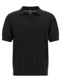 Chemise polo en laine vierge noire de Hugo Boss, vue de face, détails du col et des boutons, tissu élégant et sophistiqué.