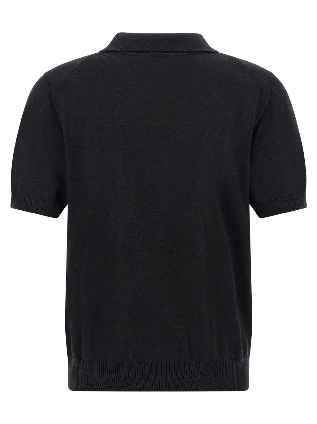 Chemise polo noire en laine vierge de Hugo Boss, tissu élégant avec col et boutons visibles.