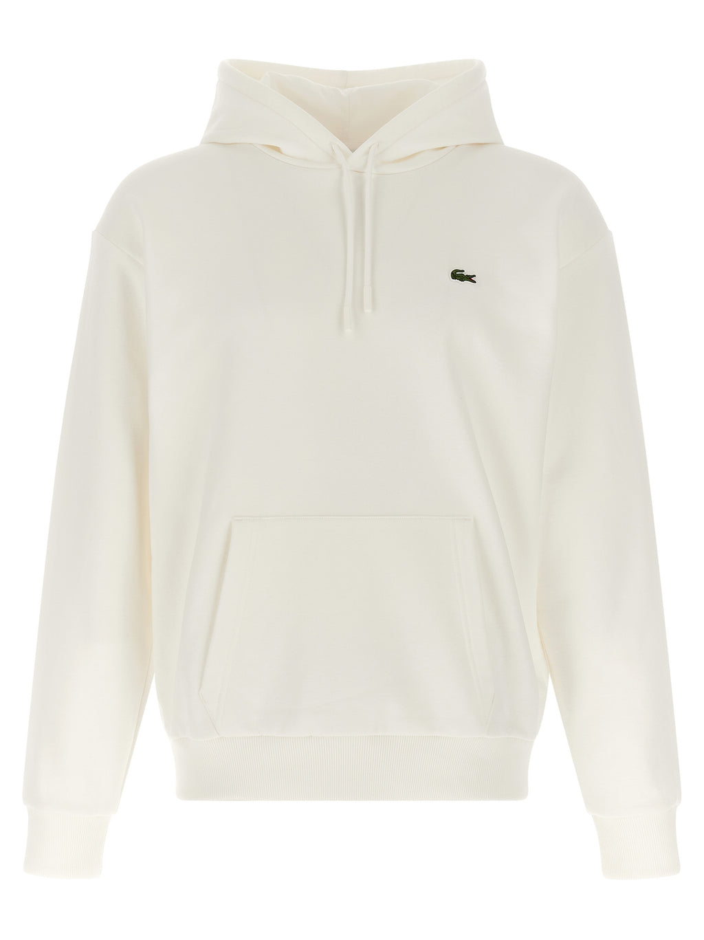 Sweat-shirt blanc en coton de Lacoste avec logo crocodile, manches longues et col rond, porté sur un mannequin.