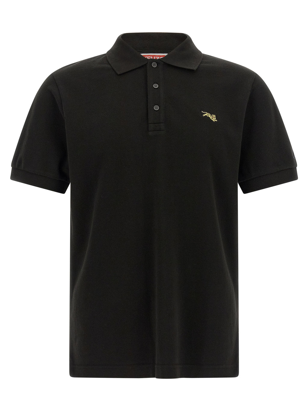 Chemise polo noire en coton de la marque Kenzo, avec col et boutons, visible sur une mannequin.
