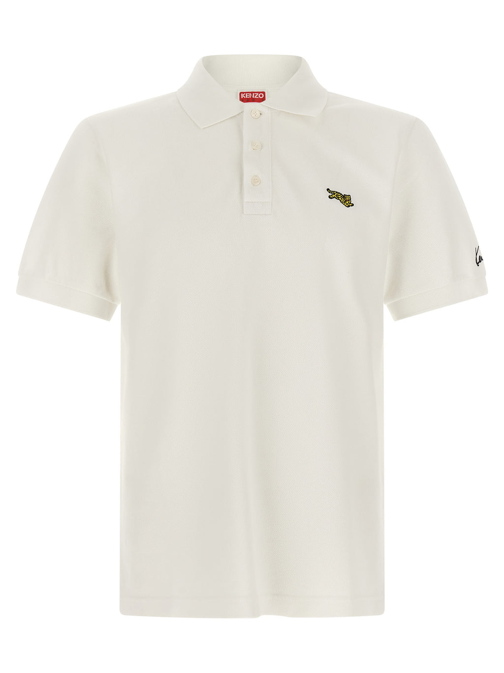 Chemise polo blanche en coton de la marque Kenzo, vue en gros plan, avec col et boutons visibles.