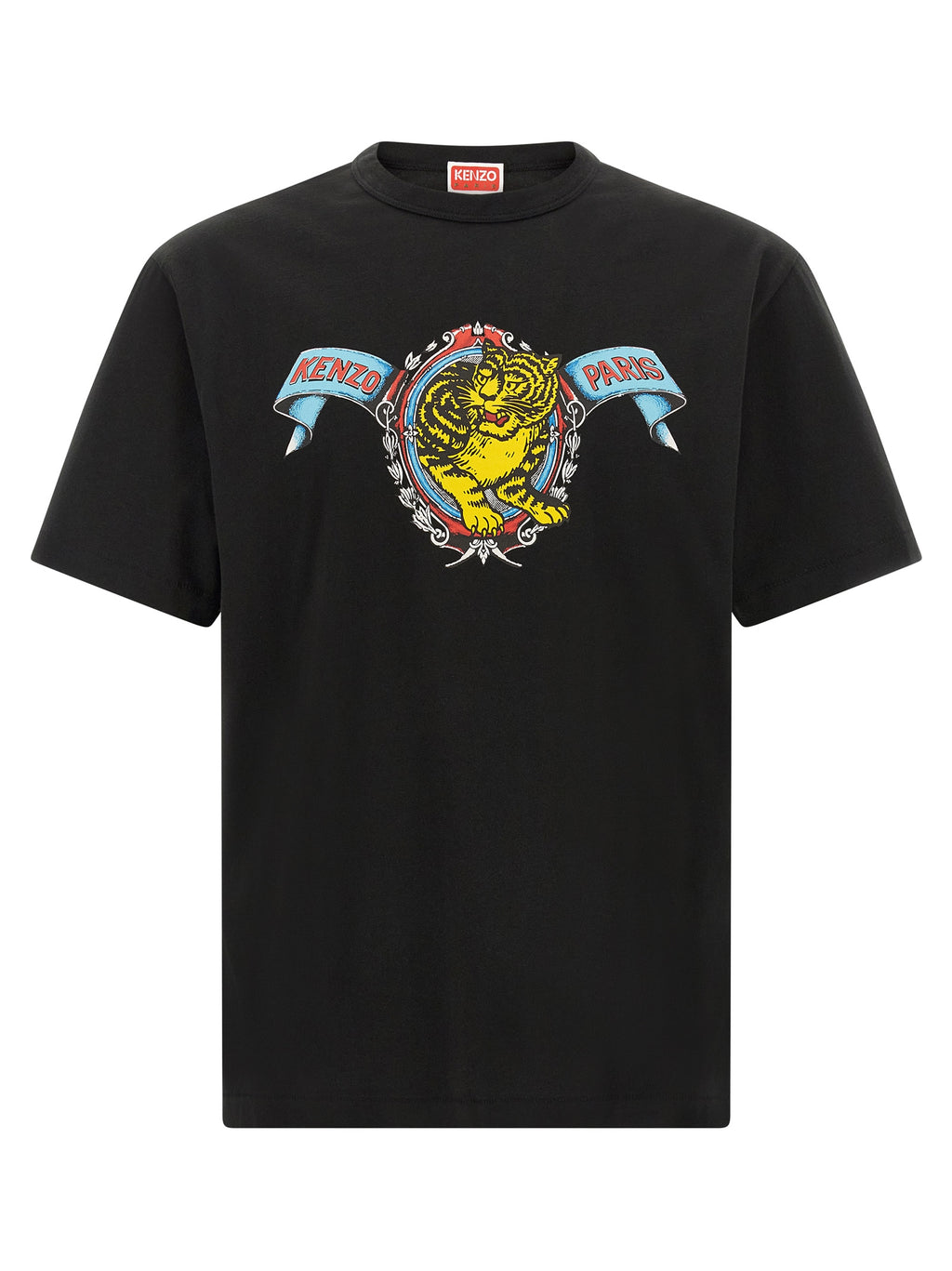 T-shirt en coton noir de la marque Kenzo, coupe classique, visible en gros plan avec logo discret sur le devant.