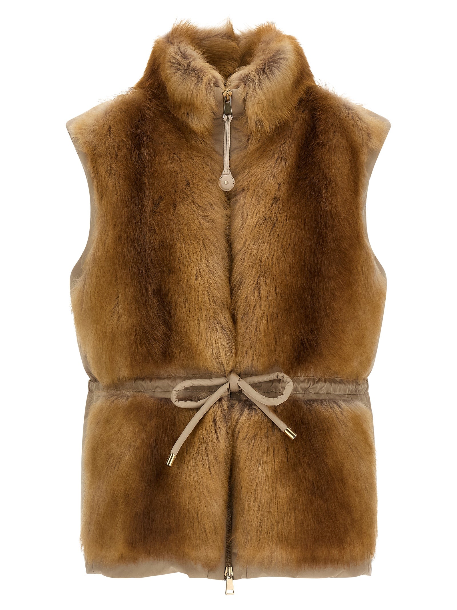 Doudoune sans manches beige en polyester de la marque Moncler, visible avec capuche amovible et fermeture éclair.