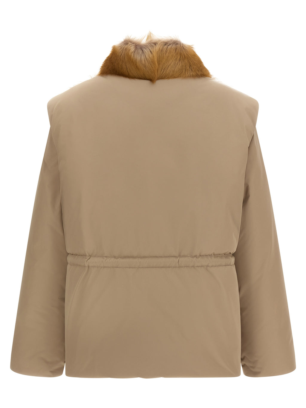 Doudoune sans manches beige en polyester de la marque Moncler, visible avec fermeture éclair et col haut.