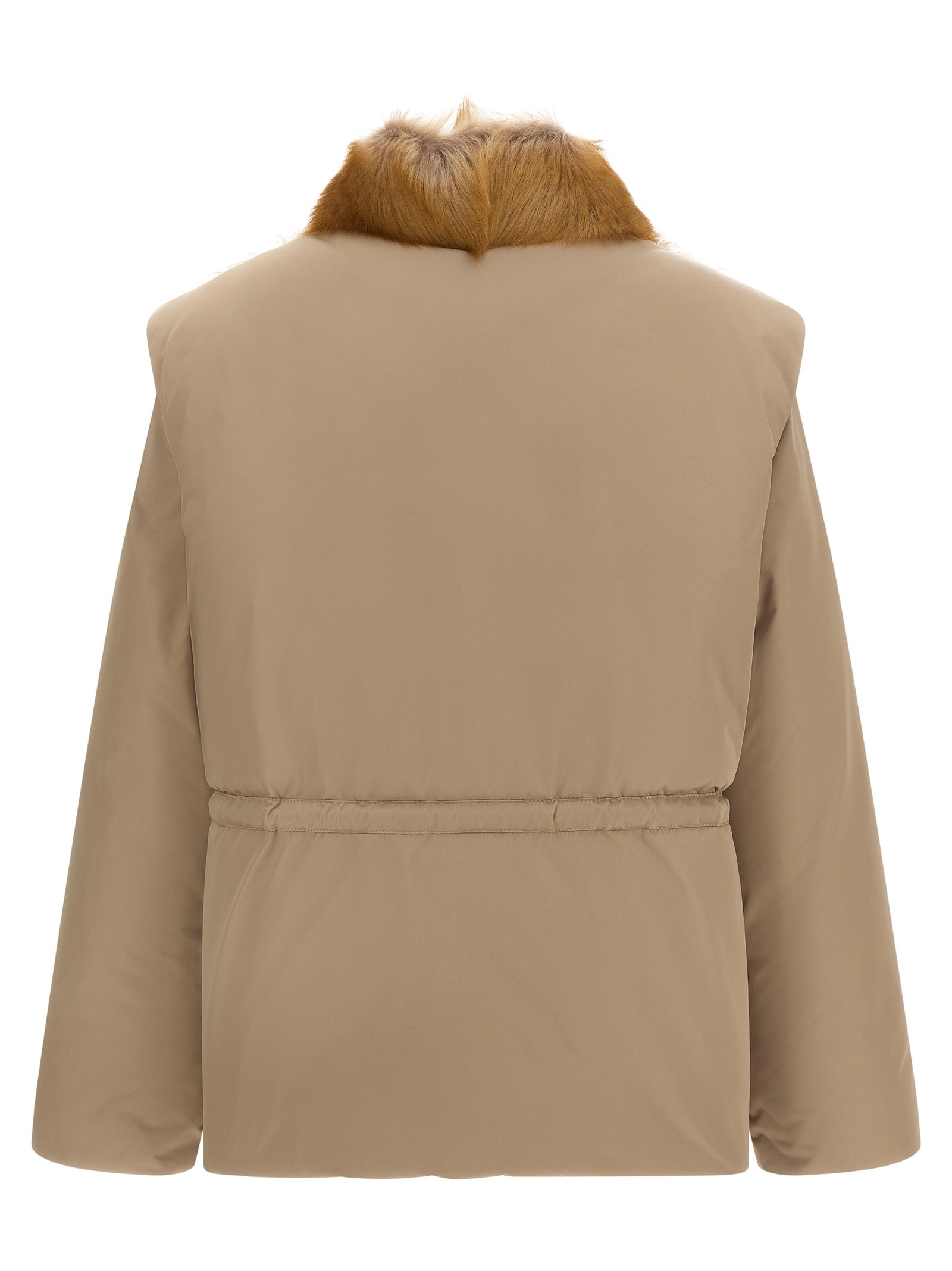 Doudoune sans manches beige en polyester de la marque Moncler, visible avec fermeture éclair et col haut.