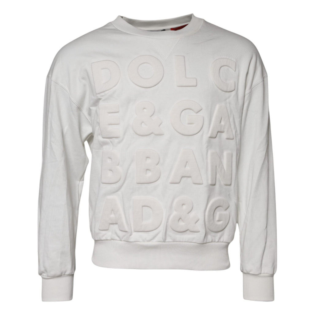 Pull blanc Dolce & Gabbana en coton avec logo embossé, col rond et coupe classique, visible en détail dans l'image.