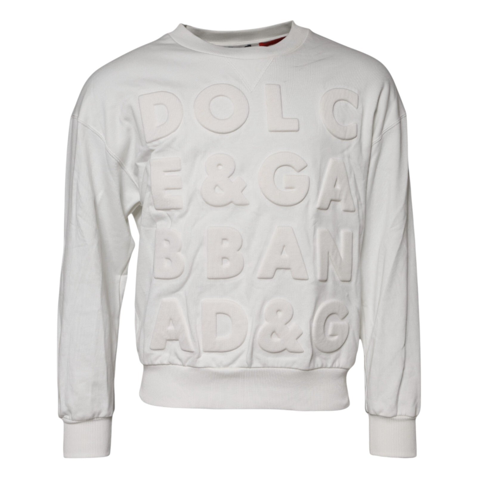 Pull blanc Dolce & Gabbana en coton avec logo embossé, col rond, style décontracté et élégance raffinée.
