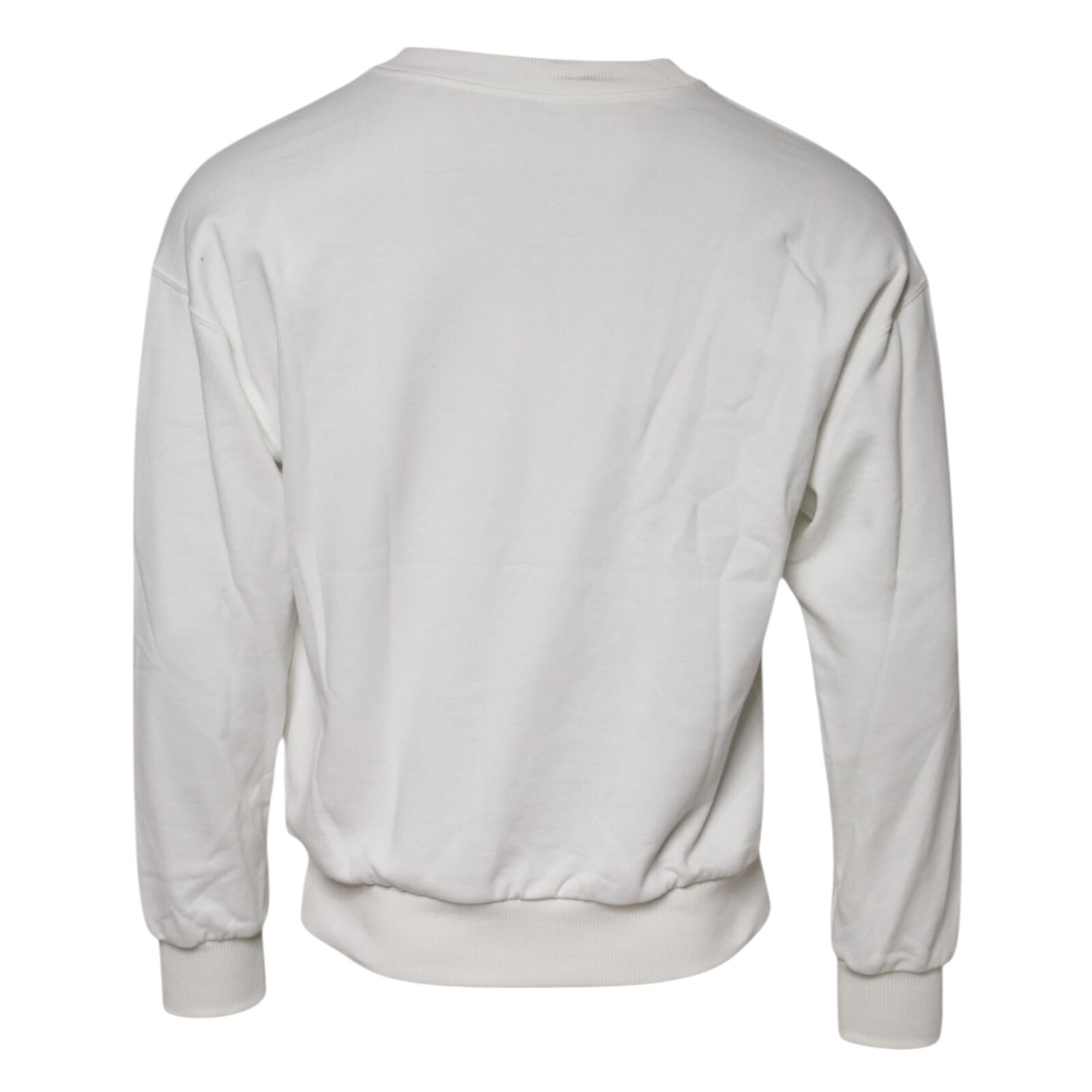 Pull blanc en coton Dolce & Gabbana avec logo embossé, col rond et coupe classique, visible en gros plan.