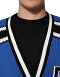 Cardigan en coton bleu Dolce & Gabbana avec logo patch côtelé, pull à manches longues et finition côtelée.