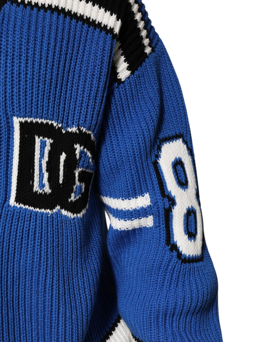Cardigan en coton bleu Dolce & Gabbana avec logo brodé et finition côtelée, vue de face.