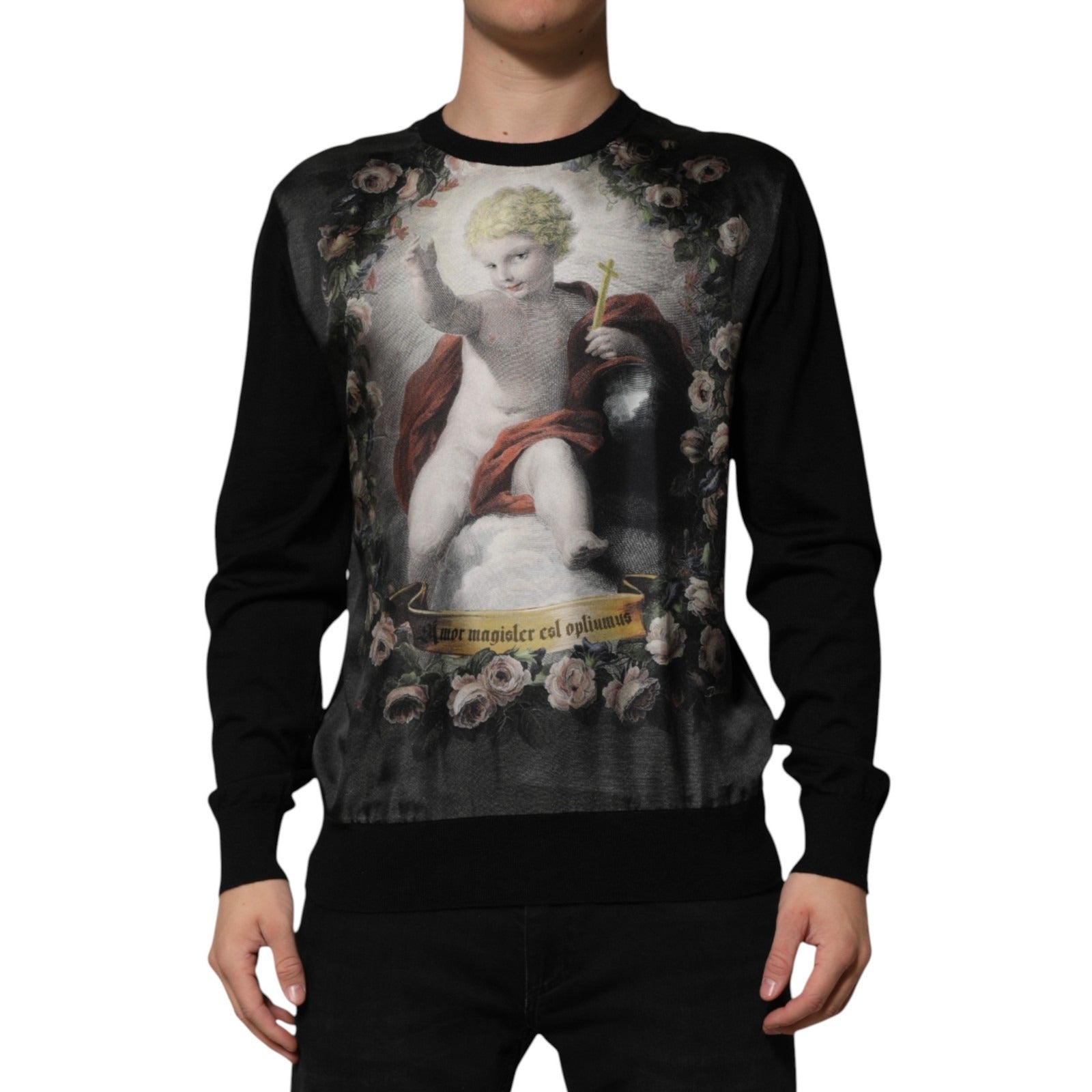 Pull en cachemire noir Dolce & Gabbana avec imprimé d'angelots et motifs baroques, doux et élégant.