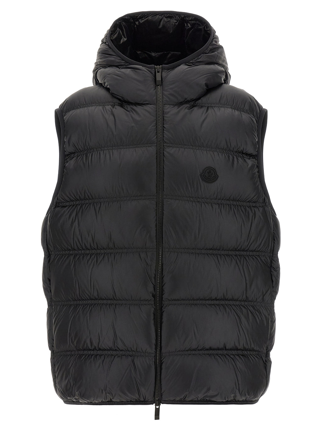 Veste sans manches Moncler en polyamide noire, légère et résistante, idéale pour un style élégant et chaud.