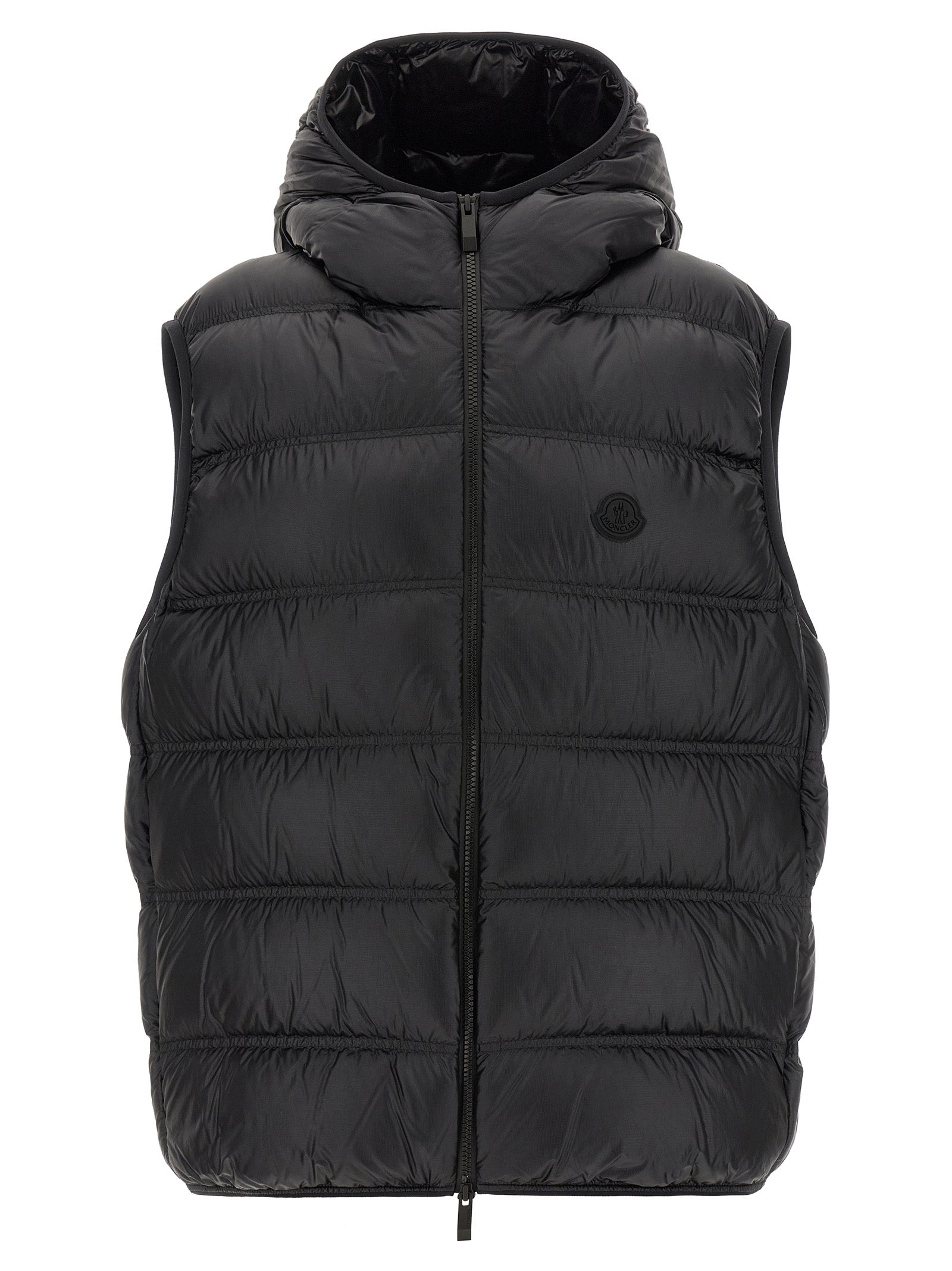 Veste sans manches Moncler en polyamide noire, légère et résistante, idéale pour un style élégant et chaud.