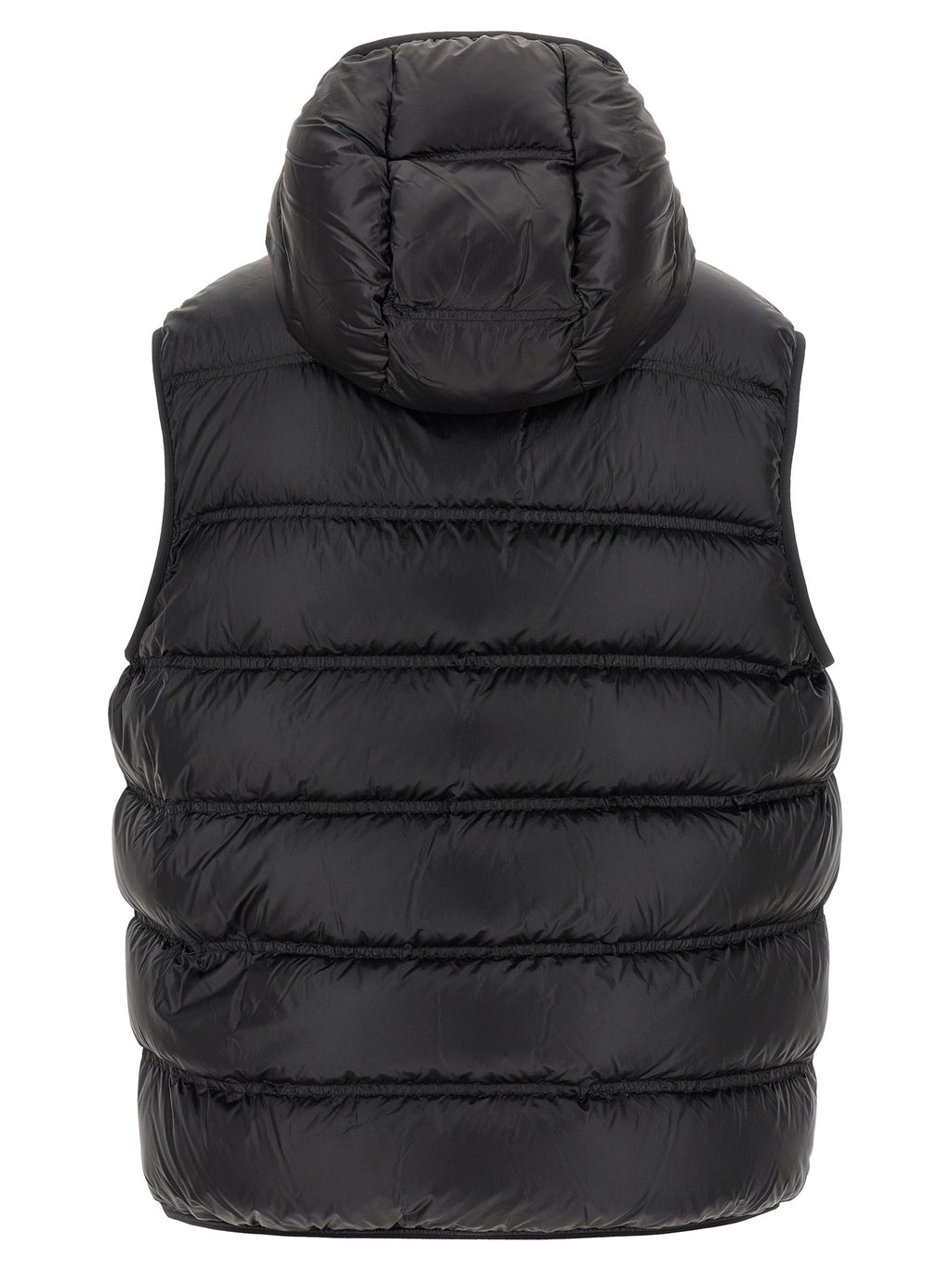 Doudoune sans manches Moncler noire en polyamide, légère et résistante, avec capuche amovible et fermeture éclair.