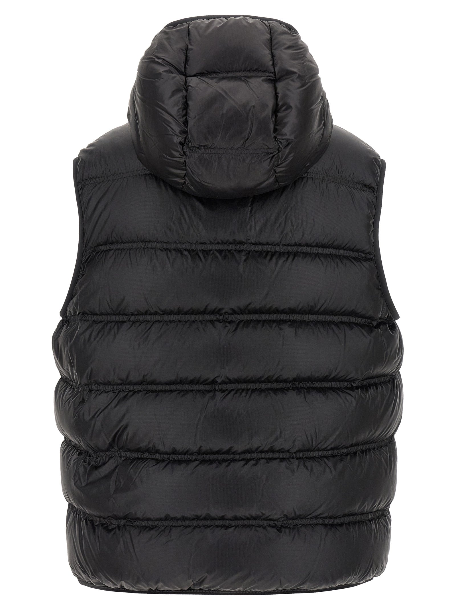 Doudoune sans manches Moncler noire en polyamide, légère et résistante, avec capuche amovible et fermeture éclair.