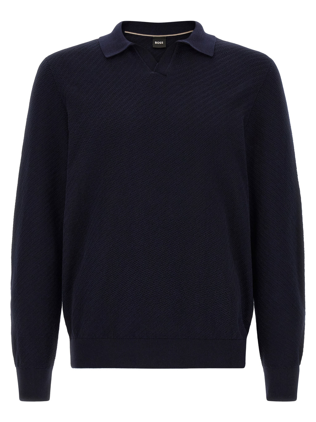 Chemise polo en coton bleu de la marque Hugo Boss, détails du col et logo discret visible sur le vêtement.