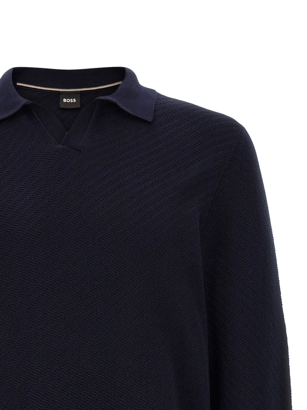 Chemise polo en coton bleu de Hugo Boss, vue de face, avec col et boutons visibles, élégante et classique.