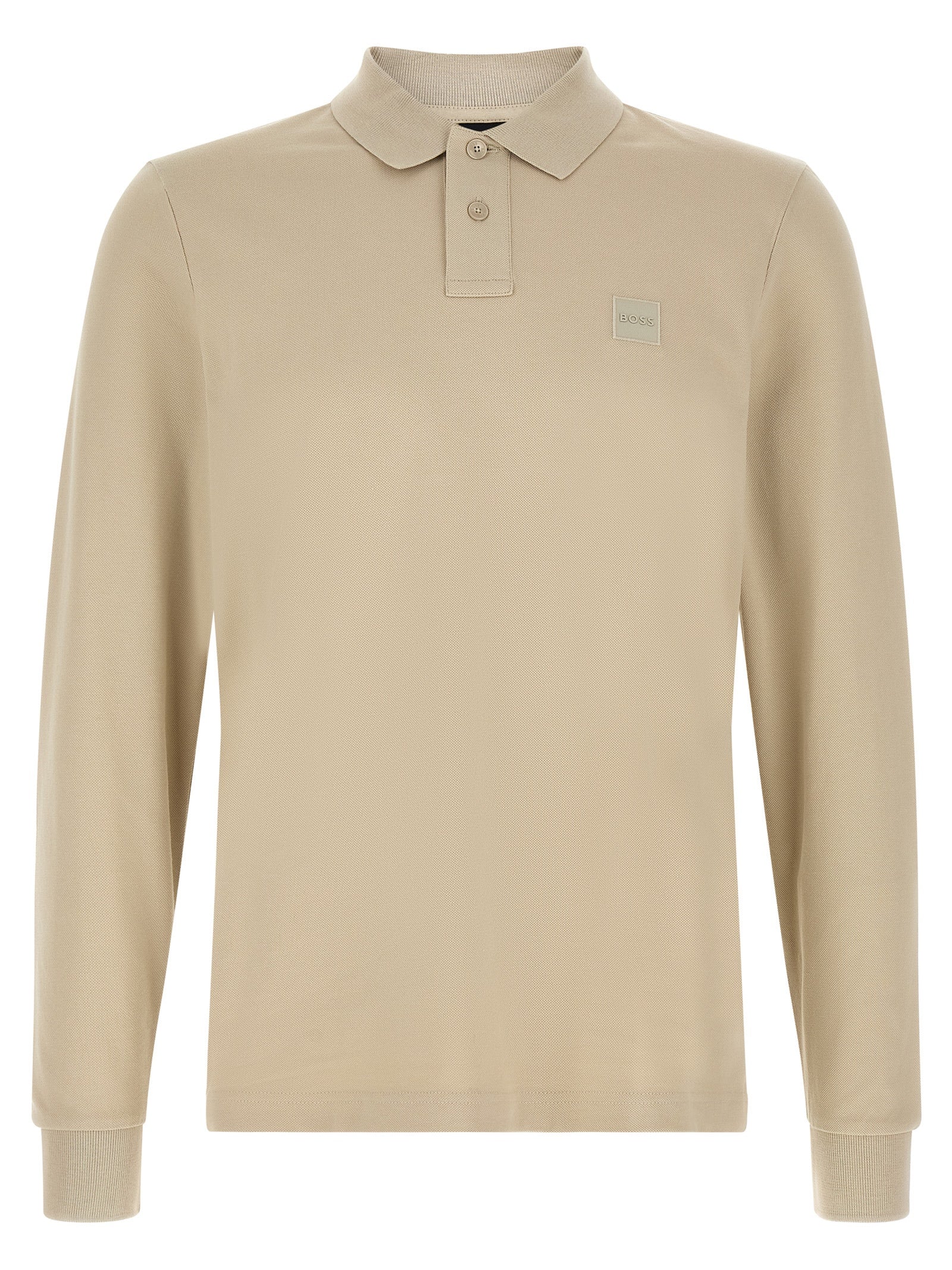 Chemise polo beige en coton de la marque Hugo Boss, avec col classique et logo discret sur la poitrine.