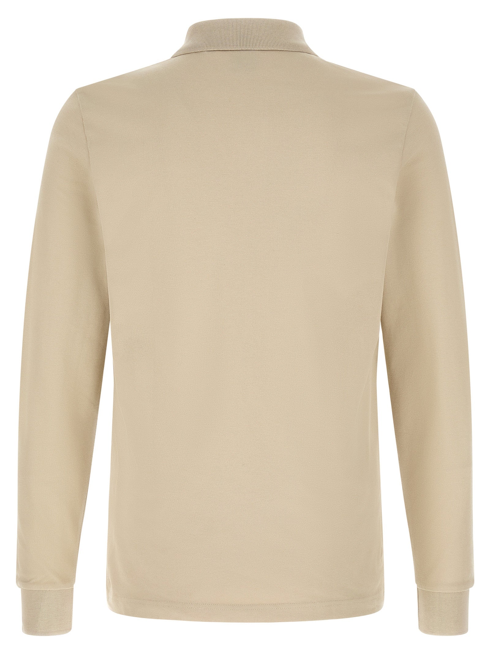 Chemise polo beige en coton de la marque Hugo Boss, vue de face, détails du col et des boutons visible.