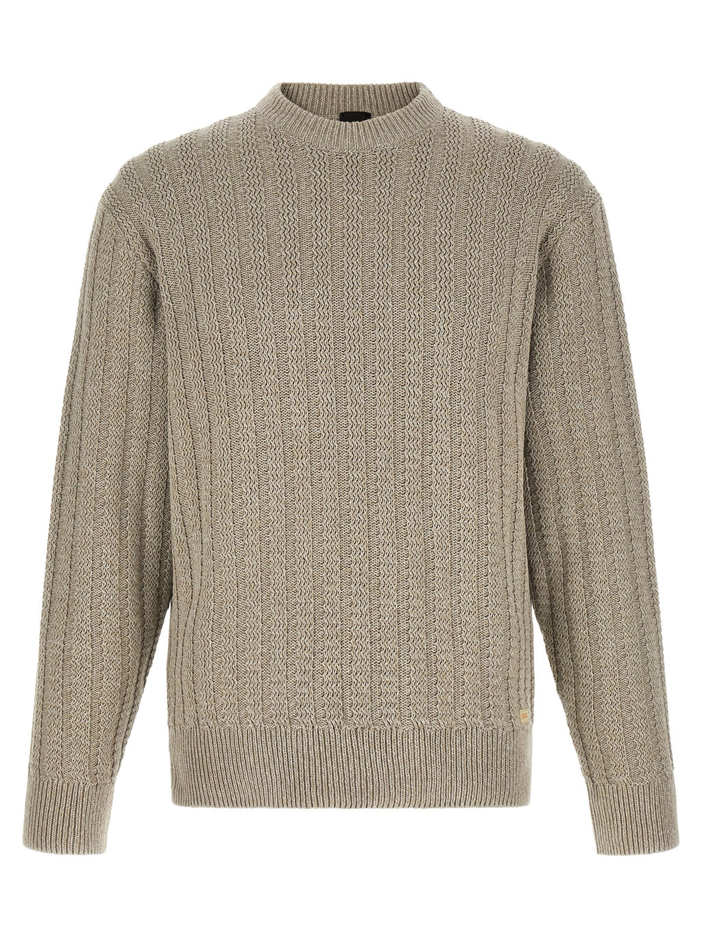 Cardigan beige en coton de la marque Hugo Boss, doux et élégant, porté sur un mannequin.