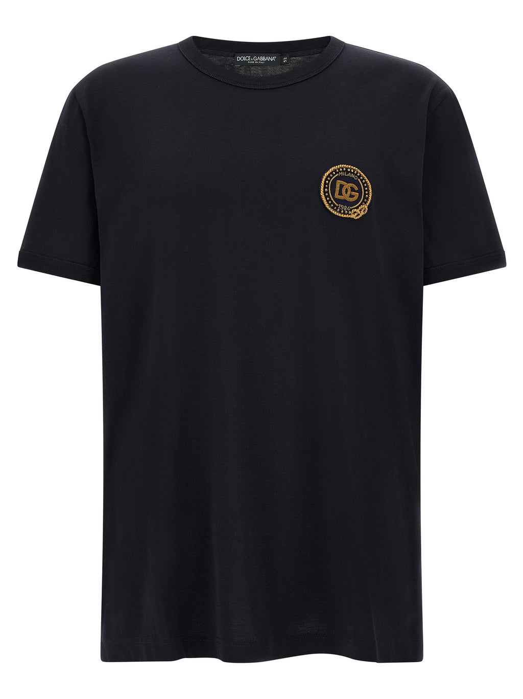 T-shirt en coton bleu Dolce & Gabbana avec logo blanc, porté sur mannequin, vue de face.