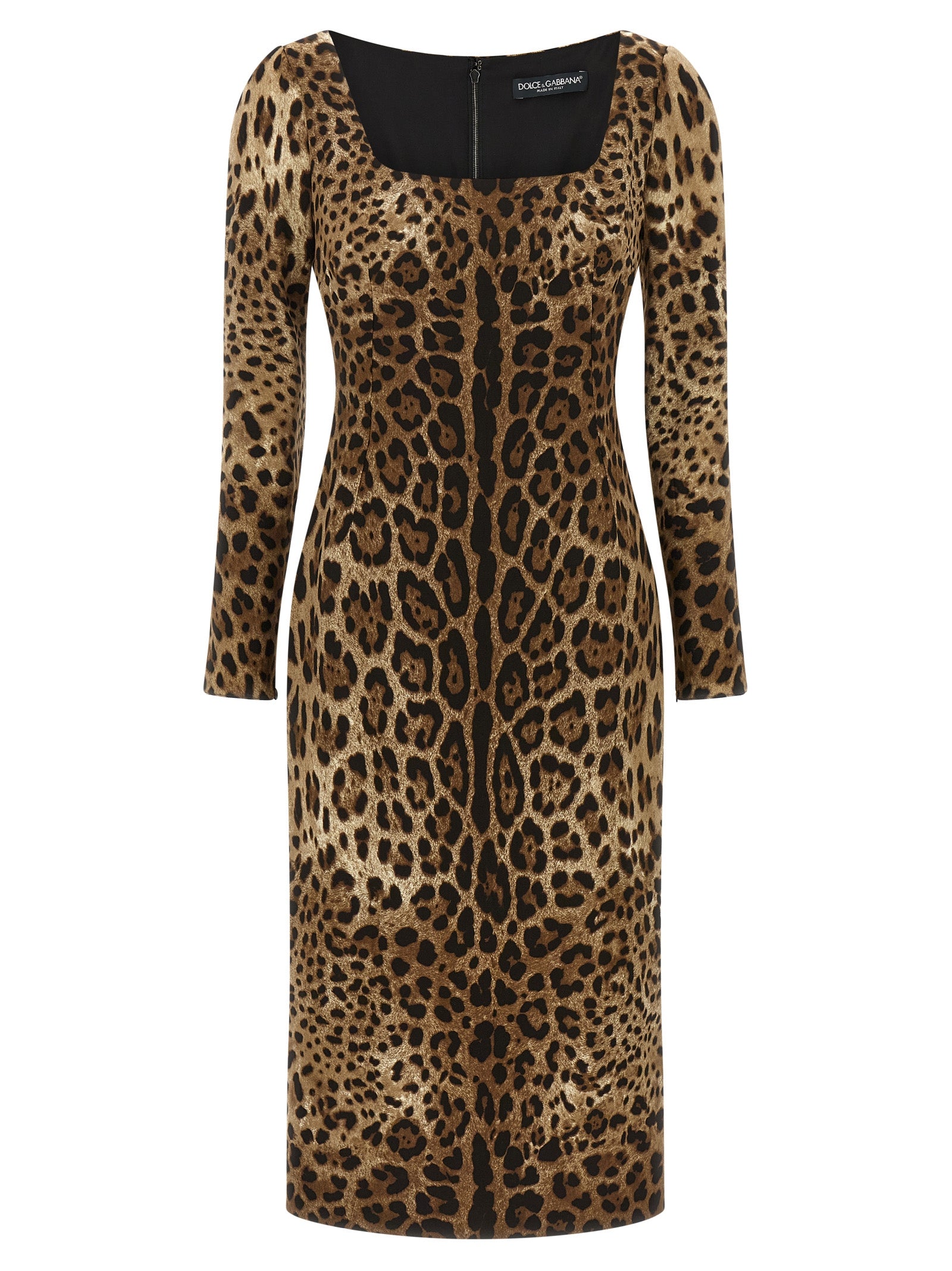 Robe midi en viscose marron Dolce & Gabbana avec décolleté en V et détails élégants, portée sur un mannequin.