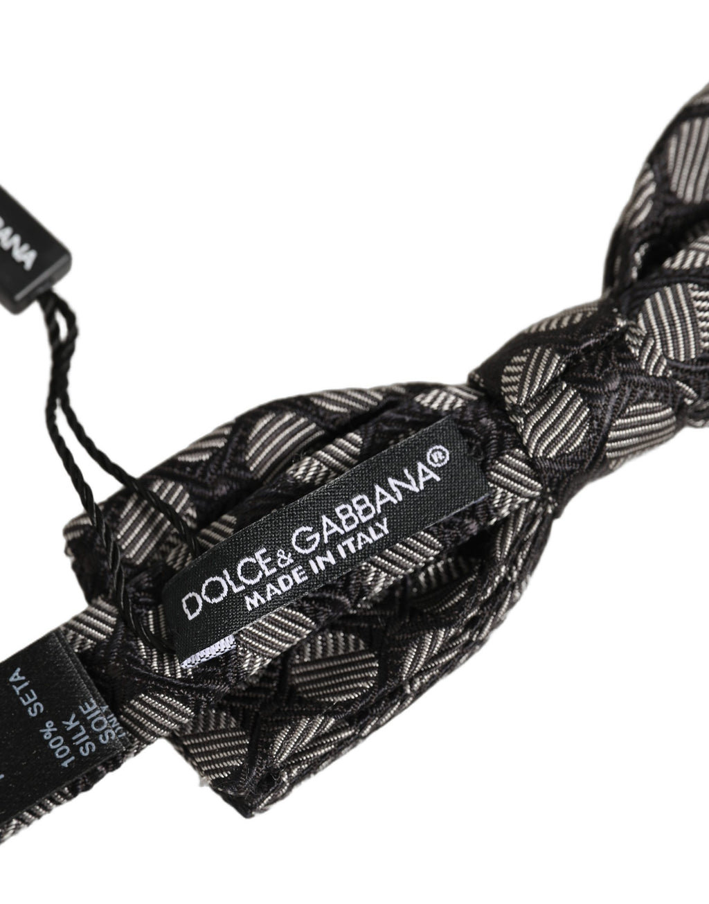 Dolce & Gabbana Dark Gray White Geometric Silk Adjustable Neck Papillon Bow Tie