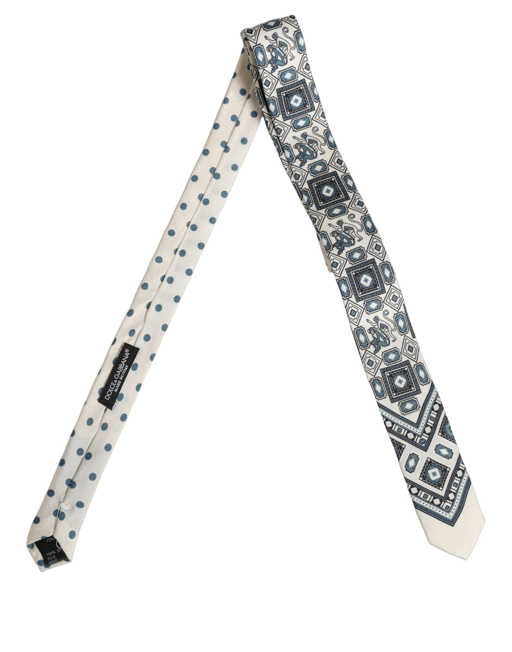 Dolce & Gabbana Men Off White Blue Geometric Adjustable Tied Necktie Tie