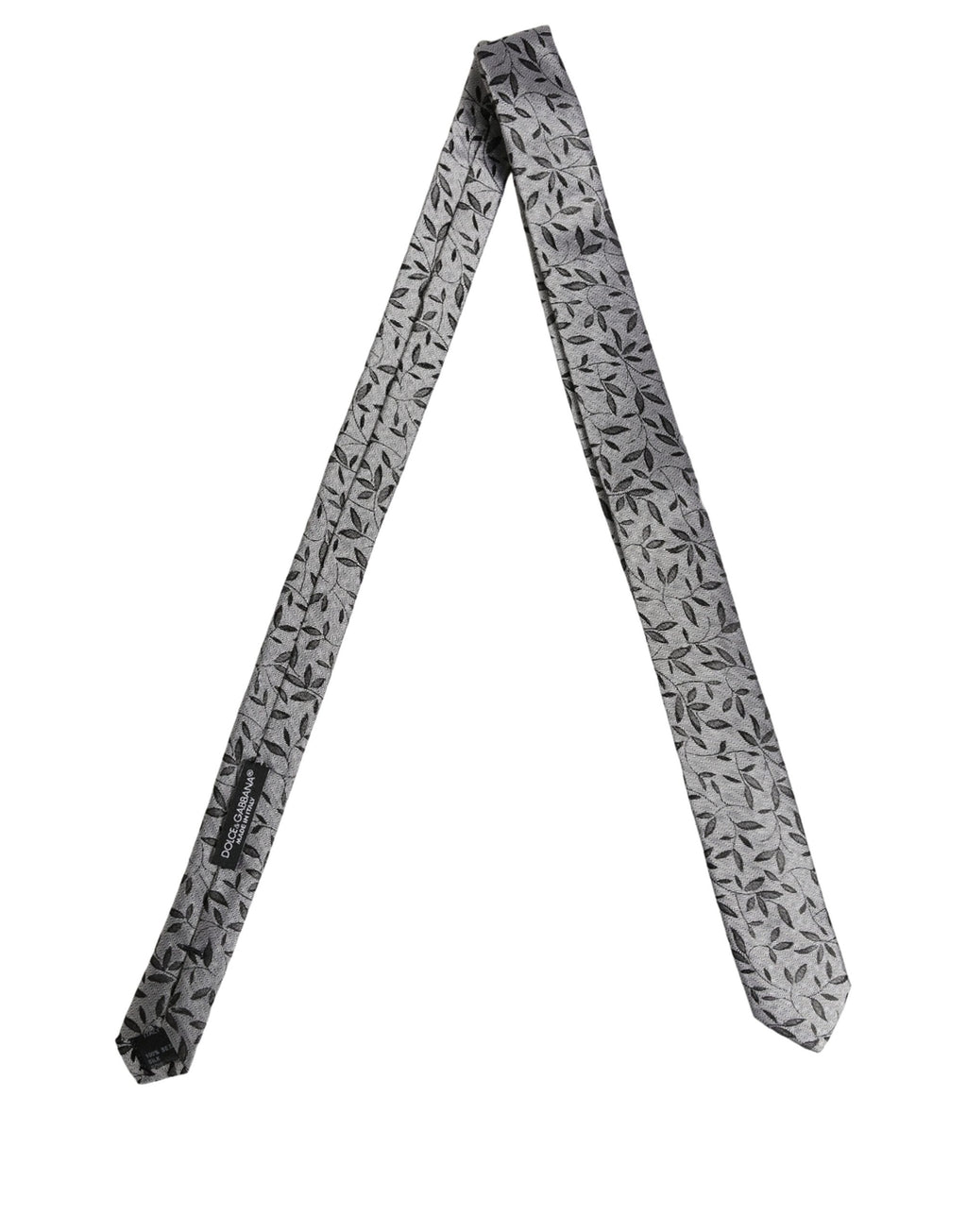 Dolce & Gabbana Men Gray Leaf Pattern Silk Adjustable Tied Necktie Tie