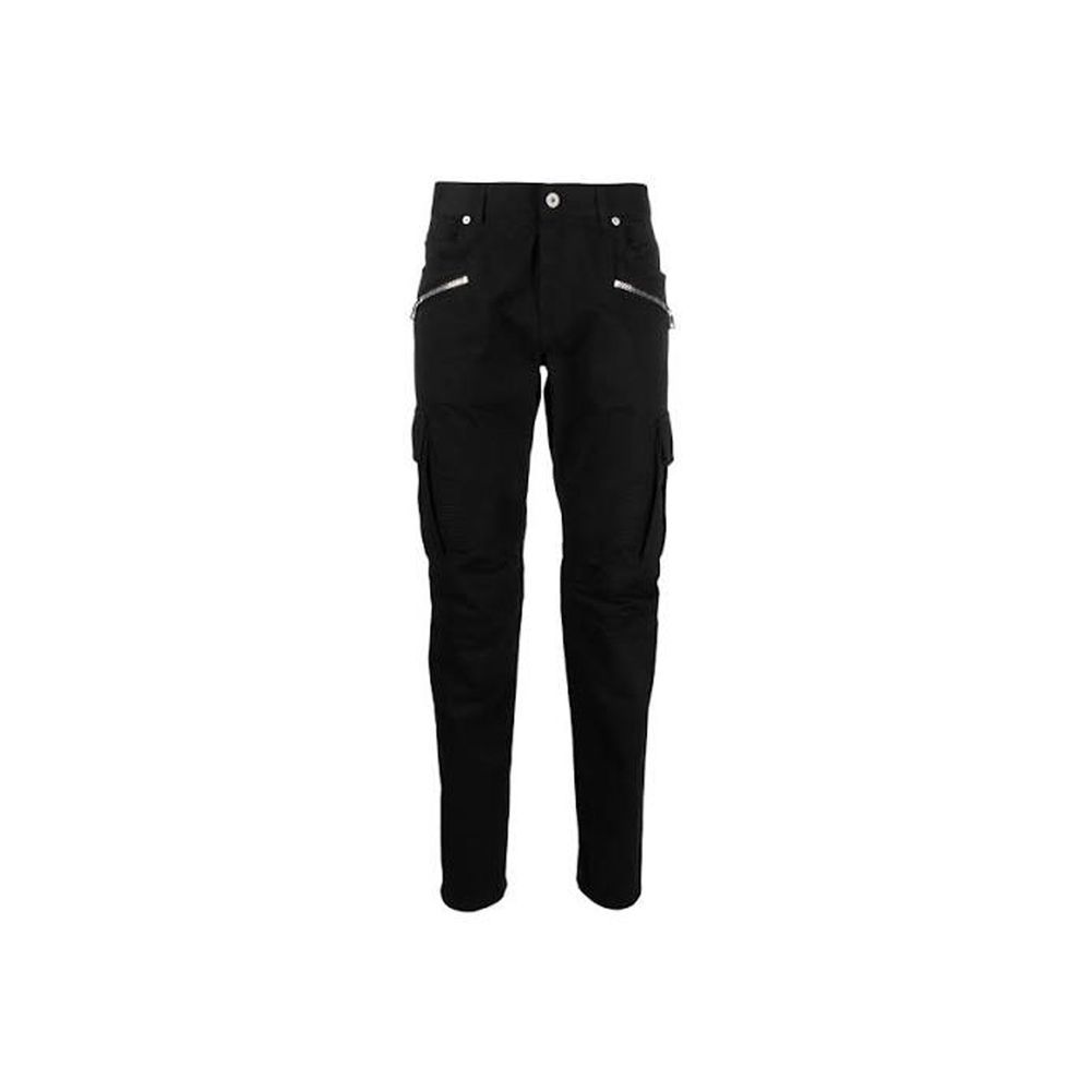 Pantalons cargo noirs en coton de la marque Balmain, avec poches latérales, coupe ajustée et détails modernes.