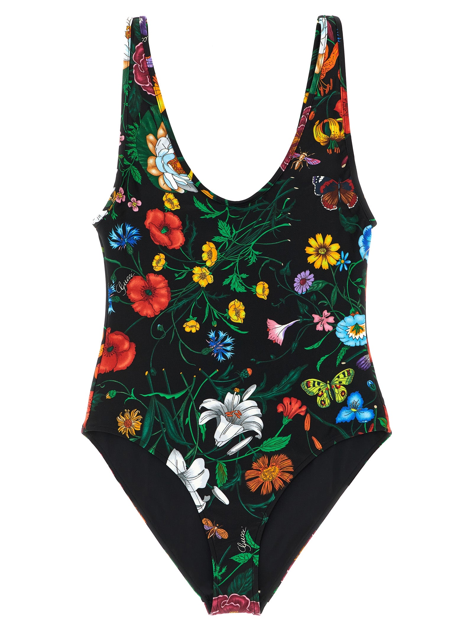 Maillot de bain une pièce noir en polyamide de Gucci, décoration élégante et coupe moderne, porté par un mannequin.