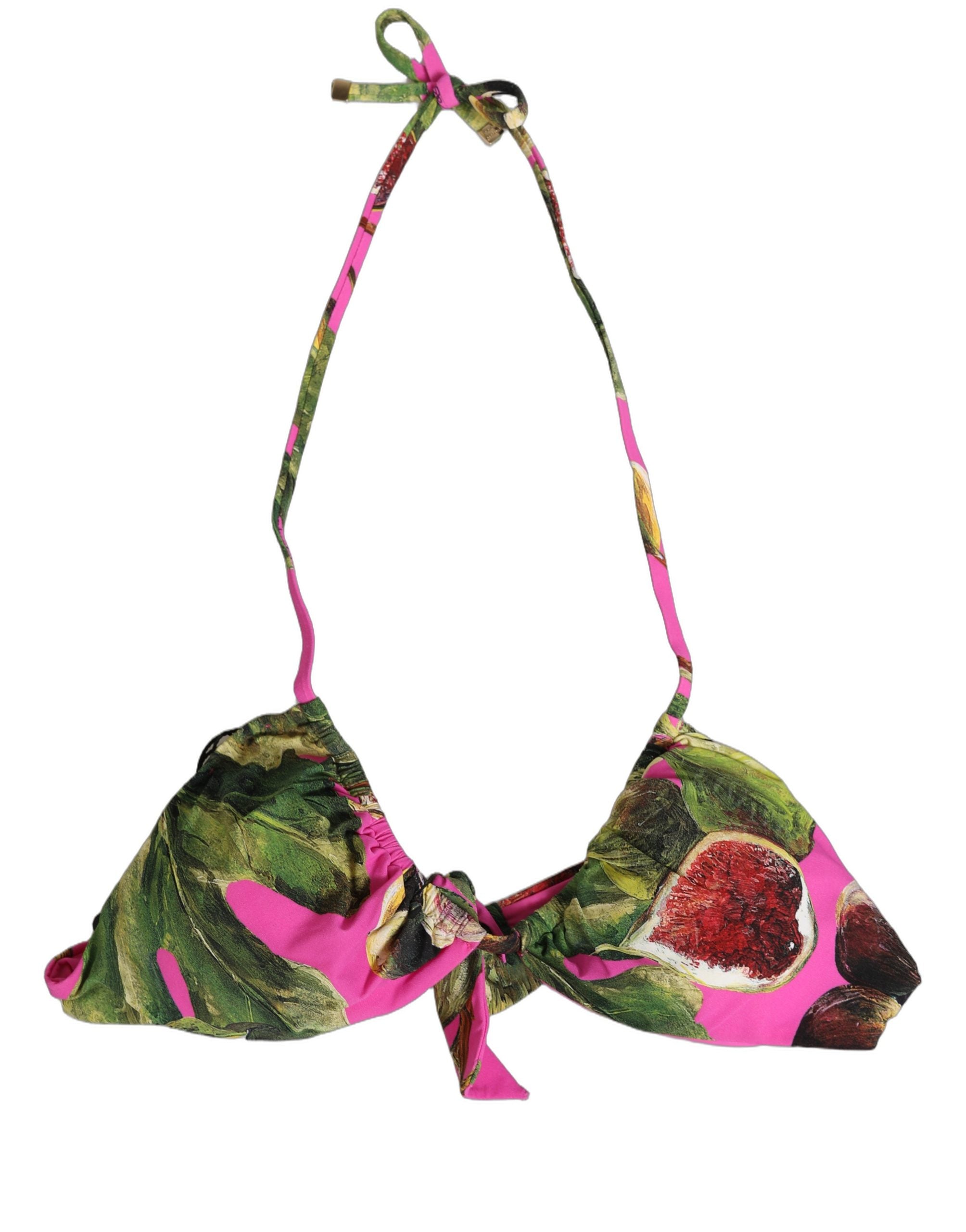 Top de bikini Dolce & Gabbana à motif figue rose fuchsia, vêtement de plage élégant avec bretelles ajustables.