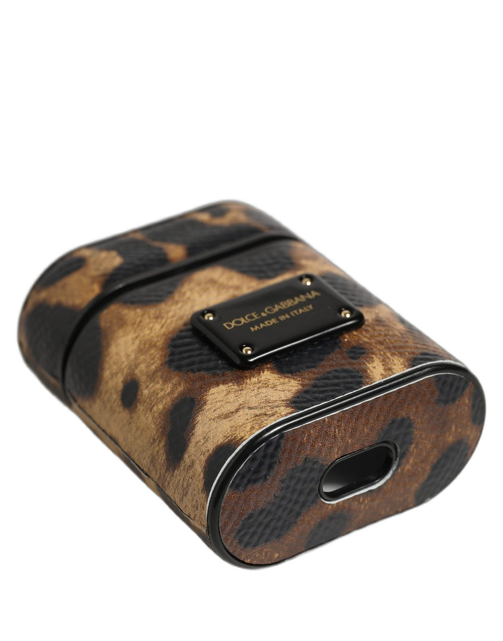 Dolce & Gabbana Brown Leopard Calf Leather Metal Logo Plaque Airpods Case